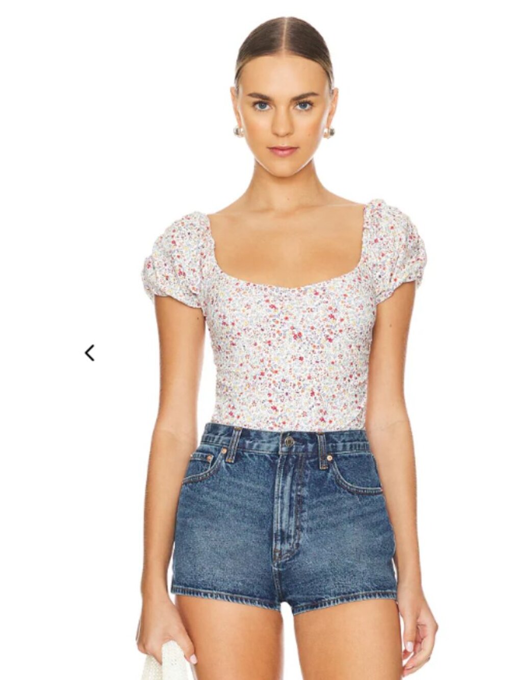 Intimately Free People Bella Floral Puff Sleeve Bodysuit XS Ruched Bust | Thong